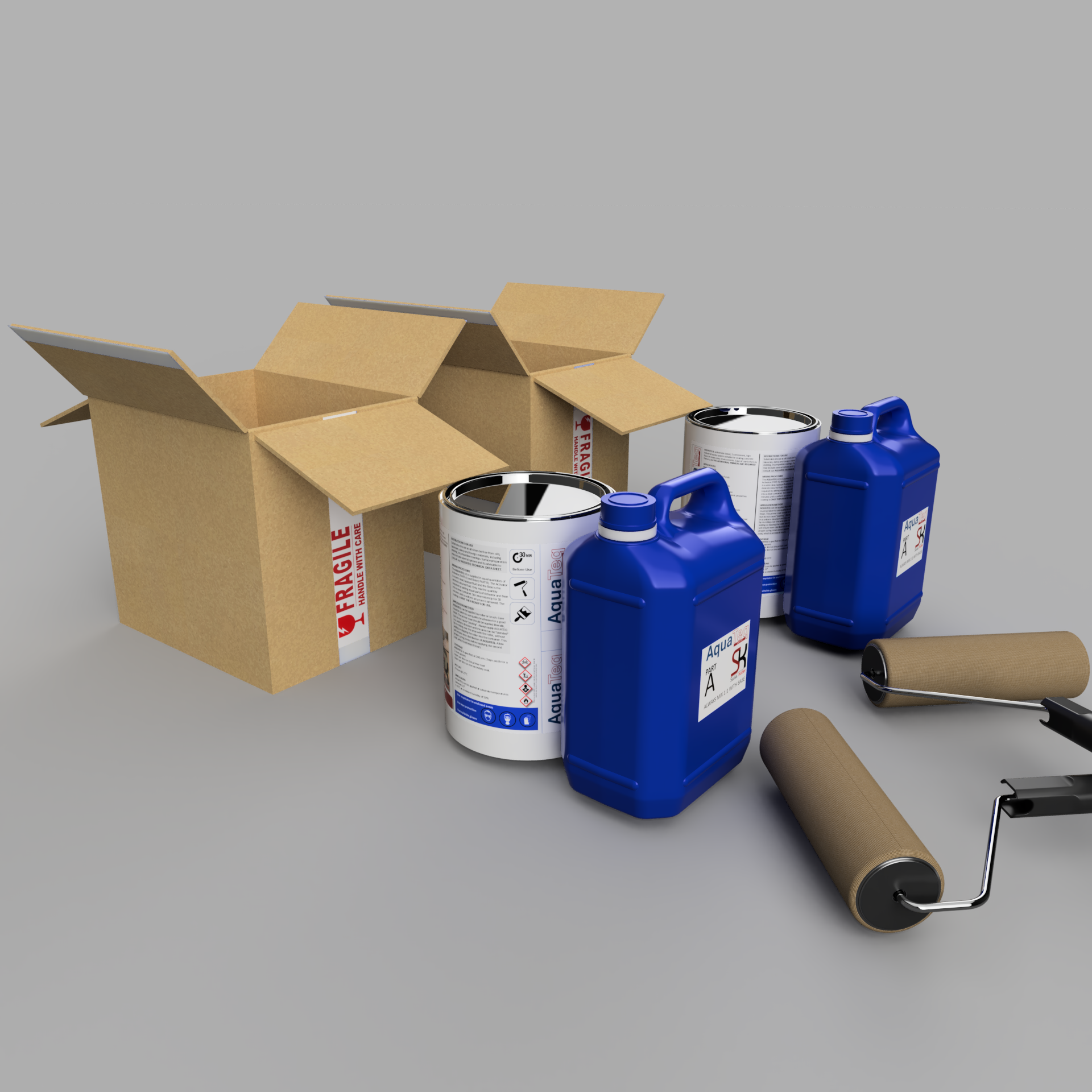 Multiple AquaTeq kits, packaging and rollers